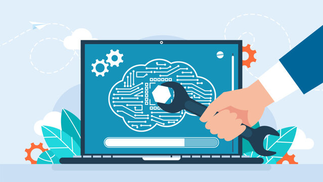 Programmer with laptop. AI. Brain with neural network. Artificial intelligence. Brain with digital circuit. Programer hand with wrench fixing a nut. Coding symbols. PC Settings. Vector illustration
