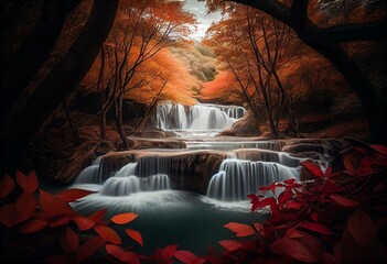 Beautiful Huay Mae Kamin waterfall amidst colorful autumn forest in Kanchanaburi, Thailand. Generative AI
