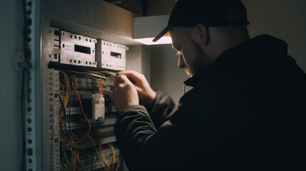 a male electrician fixes a problem in an electrical panel. Generative AI