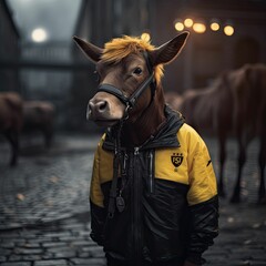 a man with a horse head in a yellow and black jacket created by generative AI