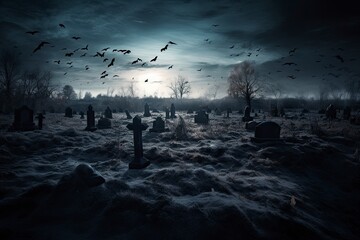 Black ravens fly over the cemetery at night. Generate AI.