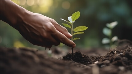 Organic Growth in Action Person Tending to Small Plant with Tree Background