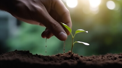 Organic Growth in Action Person Tending to Small Plant with Tree Background