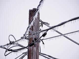 Icicles on electric wires in freezing rain