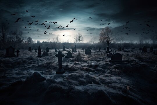 Black ravens fly over the cemetery at night. Generate AI.