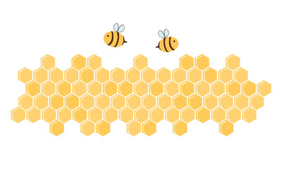 Beehive honey sign with hexagon grid cells and bee cartoons isolated on white background vector illustration.