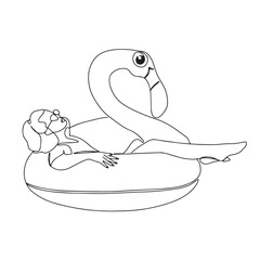 A hand-drawn vector summer illustration is a postcard with a girl sitting in a circle with a flamingo. A summer colorful element for your design. Vector illustration. Drawing with one line