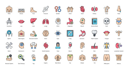 Fototapeta premium Anatomy Filled Line Icons Human Body Organ Icon Set in Color Outline Style 50 Vector Icons