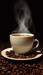 Obraz premium Steaming white coffee cup on saucer over roasted coffee beans, cinematic rising steam with warm glowing bokeh background, professional beverage photography for cafés and blogs.