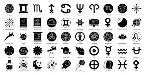 Obraz na płótnie Canvas Astrology Glyph Icons Astronomy Aries Aquarius Icon Set in Glyph Style 50 Vector Icons in Black