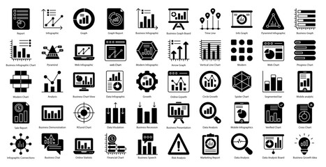 Infographics Glyph Icons Infographic Graphic Chart Icon Set in Glyph Style 50 Vector Icons in Black