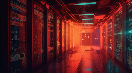 Corridor in Data Center with Servers and Supercomputers