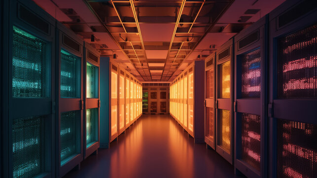 Corridor in Data Center with Servers and Supercomputers