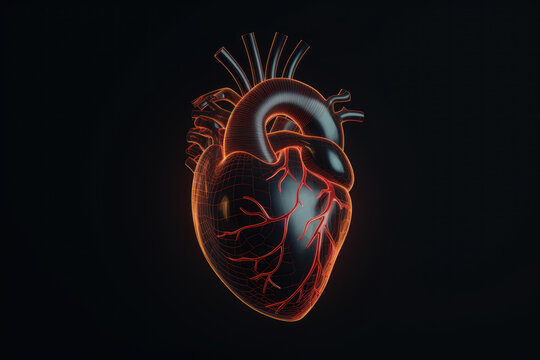Glowing lines at human heart 3D shape on dark background