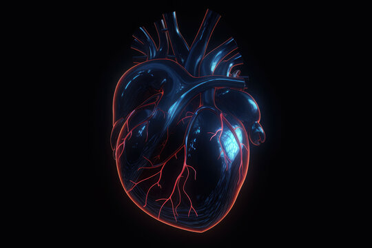 Glowing lines at human heart 3D shape on dark background