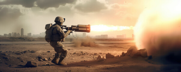 Soldier operating portable rocket launcher defense system during special operation. Wide poster design. Generative AI