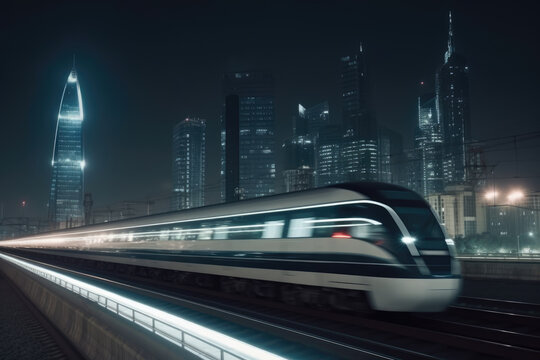 High speed train at station and blurred cityscape at night on background