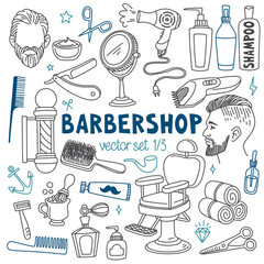 Barbershop doodles set. Hairdressing salon tools for male hair styling and popular men's haircuts. Vector drawings isolated on background. Outline stroke is not expanded, stroke weight is editable