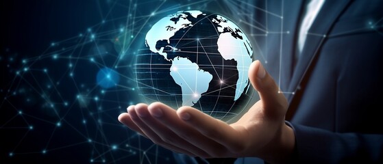A businessman's hand holding a digital globe connected to a global business network - Generative ai