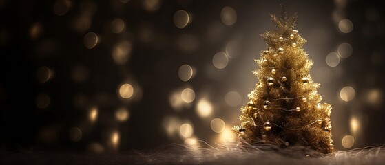 Obraz na płótnie Canvas Golden Glowing Christmas Tree with Festive Bokeh and Copyspace - Generative ai