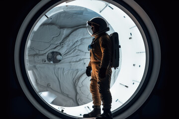 Spaceman in a spacesuit stands in front of spaceship circle window - obrazy, fototapety, plakaty