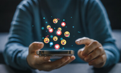 Concept of social media communication and digital online, people use smartphone playing with icon online social media, online marketing, technology, chat, post, like, follow at phone screen