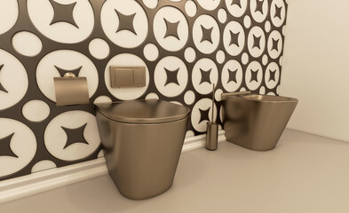 Spacious bathroom in gray tones with heated floors, freestanding tub. 3D rendering.