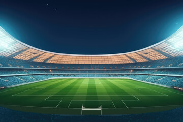 Grand stadium full of spectators expecting an evening match on the green grass field. Sport building 3D professional background illustration