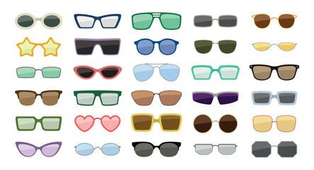 Set of different sunglasses icons. Retro glasses to protect eyes from sun in summer season. Hipster eyewear or lenses of different shapes. Cartoon flat vector collection isolated on white background