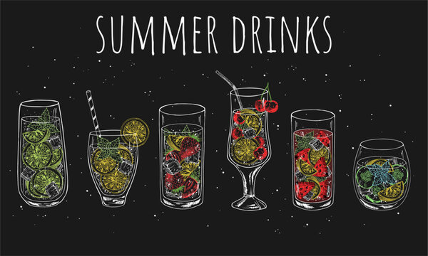 Set of non-alcoholic summer drinks. Lemonade, mojito, strawberry, cherry and watermelon lemonades, detox drink. Colorful vector illustration in sketch style.
