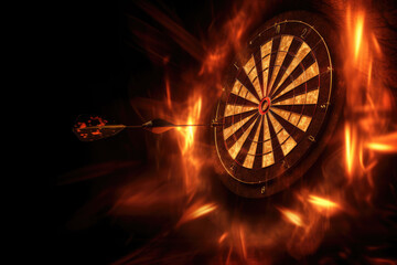 Dart board target in burning flames close up on dark brown background. Classical sport equipment as conceptual 3D illustration