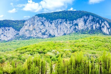 Panoramic view of mountains, green meadows, mountain and hills