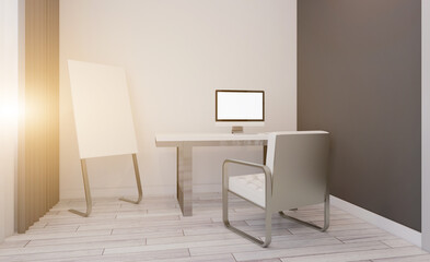 Open space office interior with like conference room. Mockup. 3D rendering.. Sunset.