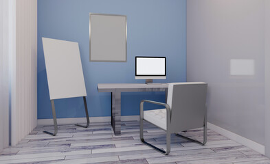 Open space office interior with like conference room. Mockup. 3D rendering.. Mockup.   Empty paintings