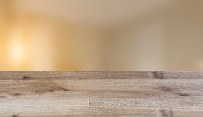 Scandinavian bathroom, classic  vintage interior design. 3D rendering.. Sunset., Background with empty wooden table. Flooring.