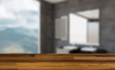 Spacious bathroom in gray tones with heated floors, freestanding. Background with empty wooden table. Flooring.