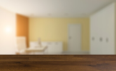 Modern meeting room. 3D rendering.. Sunset.. Background with empty wooden table. Flooring.