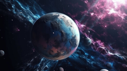 Obraz na płótnie Canvas blue planet in space nebula - by generative ai