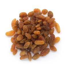 Pile of raisins isolated on white background. Dried seedless grapes. Healthy nutrition with fruits. Dried fruit as healthy snack.