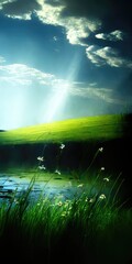 Serene Landscape: Blue Skies, Green Grass, and a Tranquil Pond