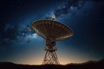Radio telescop for cosmic research and starry night on background