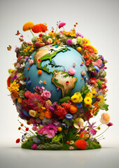 Earth Day. Planet earth covered in colorful flowers and plants.  Ai Generative illustration