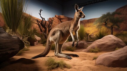 Guests can immerse themselves in the Australian outback with a kangaroo walkabout exhibit. Generated by AI. - obrazy, fototapety, plakaty