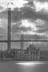 Old vintage type (retro) black and white photo of Ortakoy mosque , istanbul