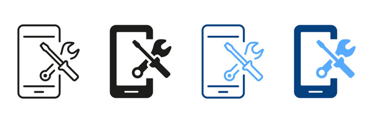 Setting Up Applications on Mobile Phone Symbol Collection. Smartphone Software Service Line Icon Set. Configuration and Technical Support of Cellphone Pictogram. Vector Isolated Illustration