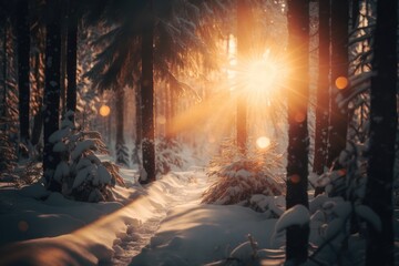 Sun-kissed Serenity: A Winter Wonderland of Glistening Snow and Majestic Trees in the Forest