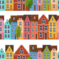 Colorful european houses seamless pattern. Streets with narrow houses. White background