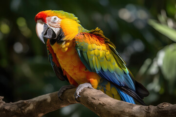 Plakat Colorful parrot on a tree branch created with AI