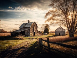 Captivating Rustic Farmstead with Weathered Buildings and Sprawling Landscape - obrazy, fototapety, plakaty