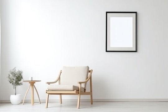 Blank picture frame on white wall. White living room design. View of modern japanese style interior with chair. Minimalism concept, interior idea - Generative AI